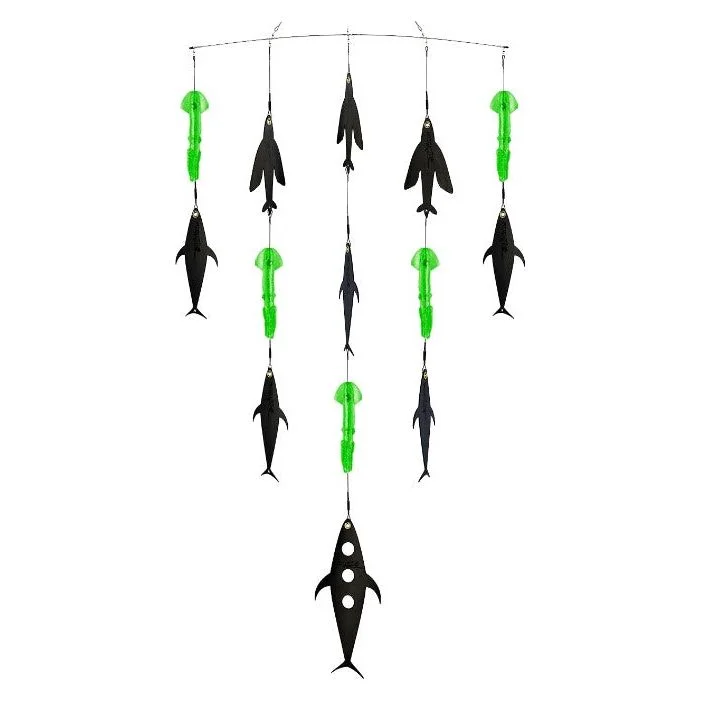 Fish Razr Spreader bar kit. 36" bar with Flapz and 9" green squid in carrying case